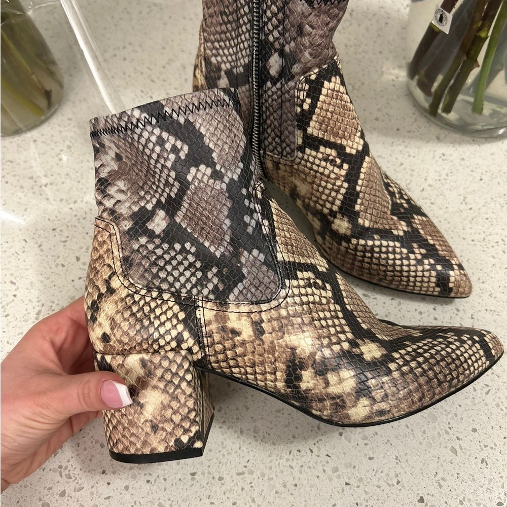 Aldo Snake-Print Ankle Boots in Taupe and Black